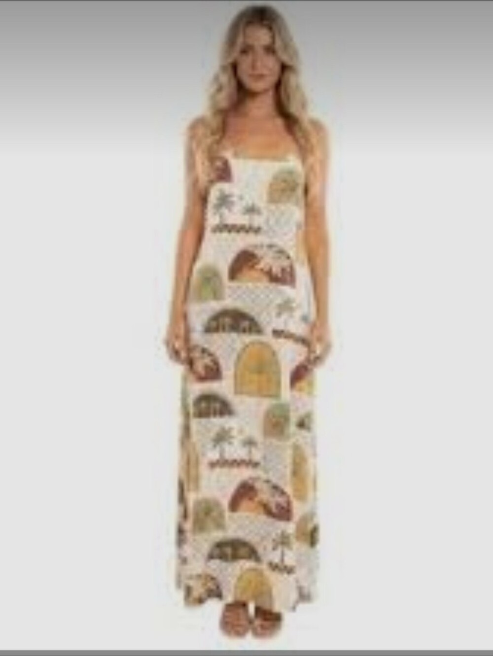 PAPER HEART SZ Mleeveless Maxi Dress with Earth-Tone Arch Print - White/Mustard